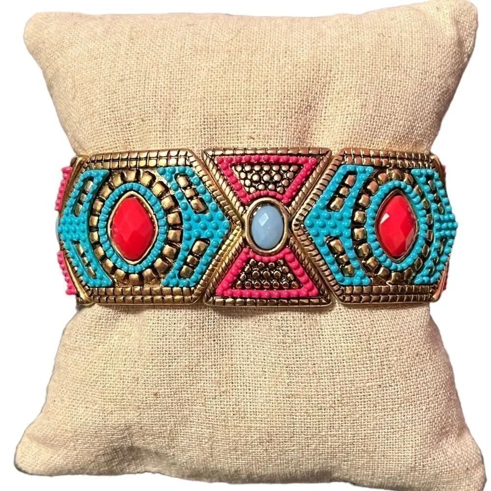 NEW Antique Gold Blue And Pink Asian Style Stretch Bracelet